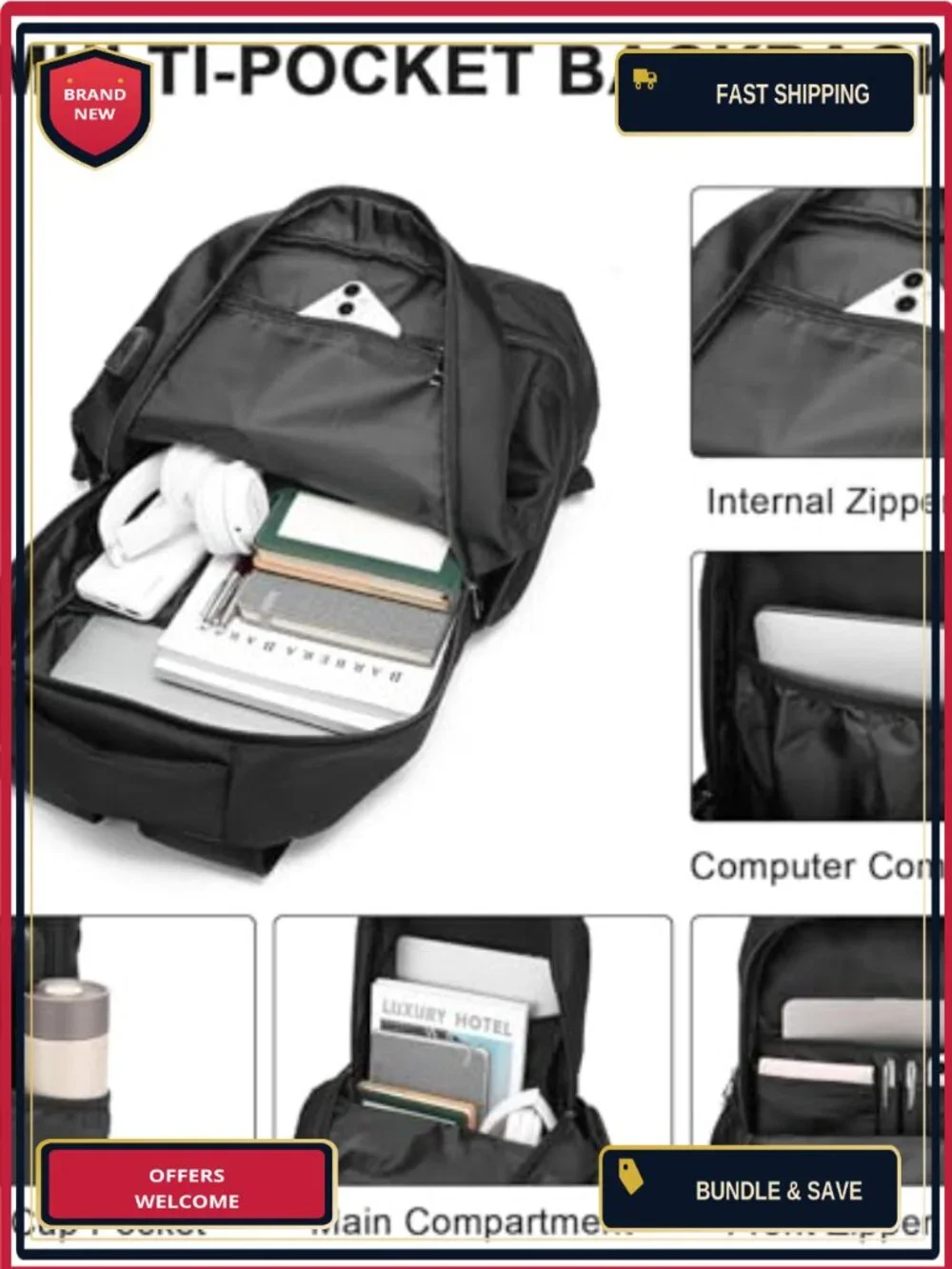 Gym Backpack with Shoe Compartment, USB Charging Port, Waterproof Nylon Laptop